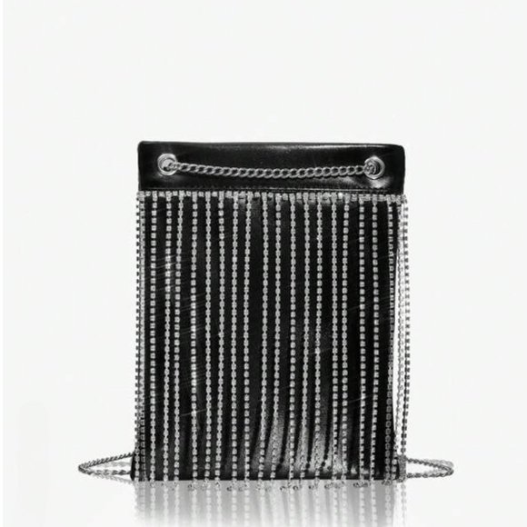 Black Shiny Glitter Bling Rhinestone Vegan Leather Shoulder Bag - Picture 1 of 9